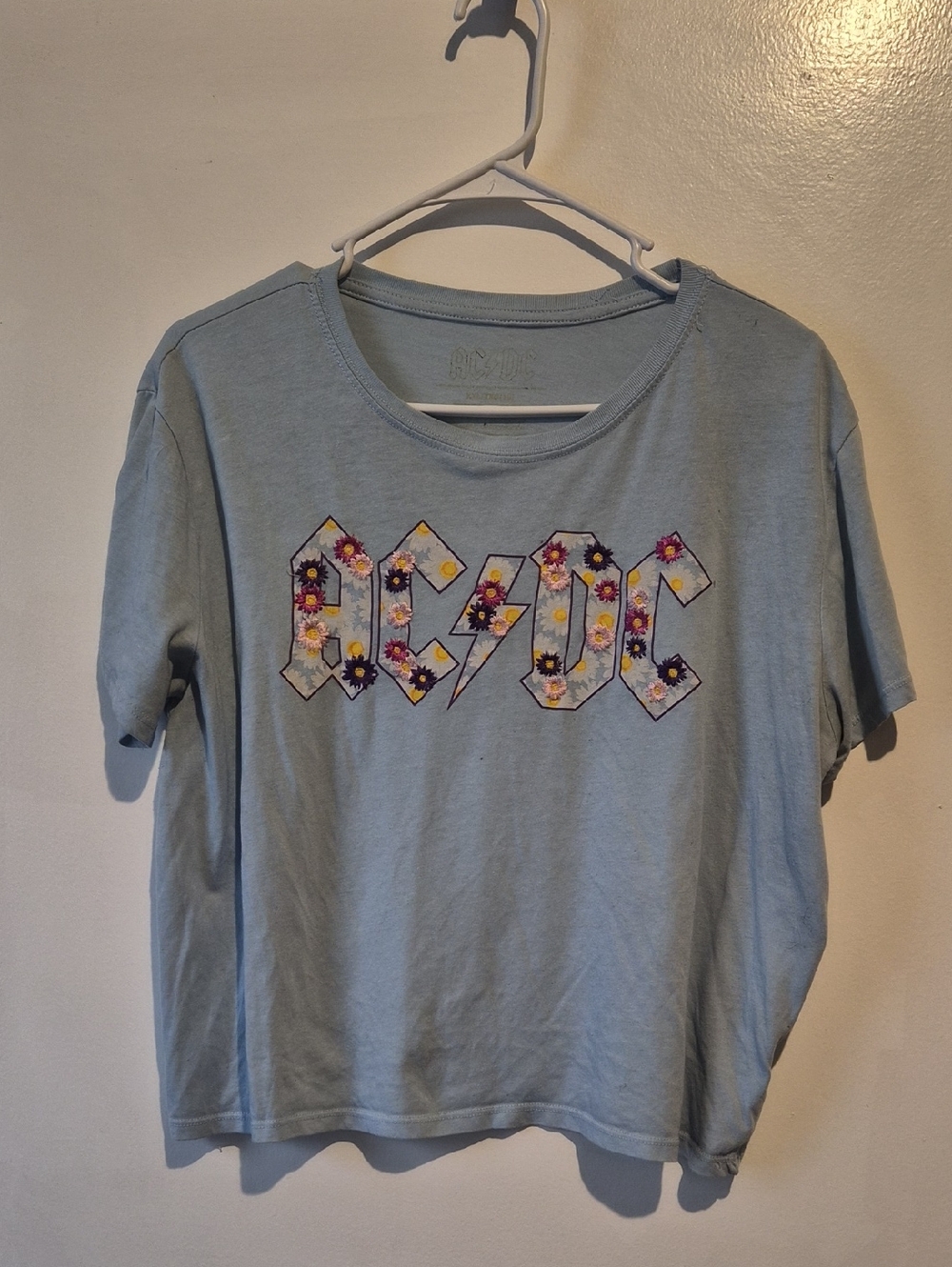 AC/DC Light Blue Tee with Floral Lettering